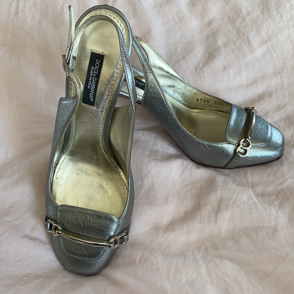 Dolce & Gabanna Vintage Metallic Silver Slingback Heels Size 35.5